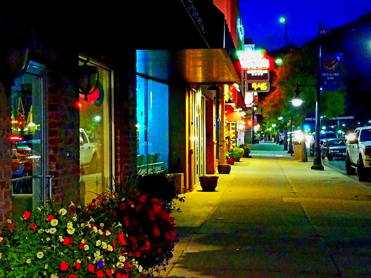 A charming small-town main street with shops and cafes in Central Florida.
